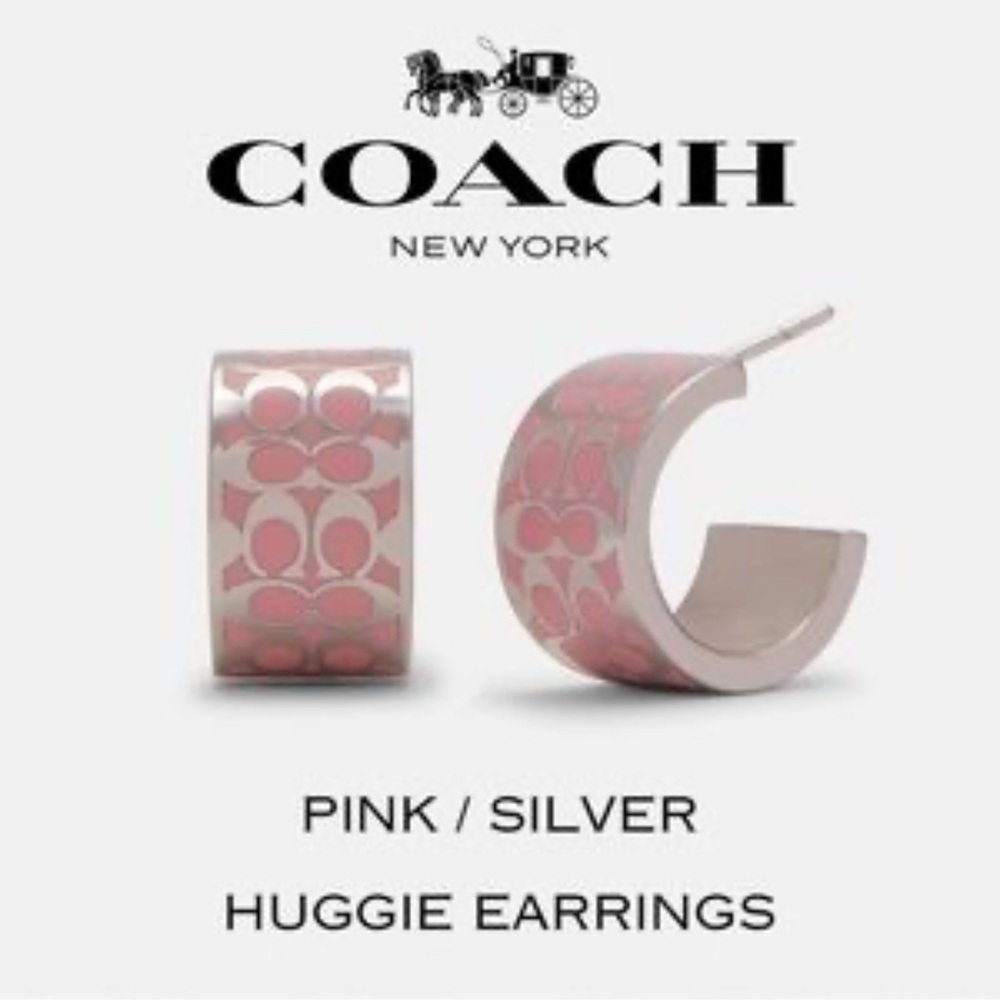 Coach Huggie Earrings Pink / Silver With Butterfly Closure DISCOUNT SHIPPING